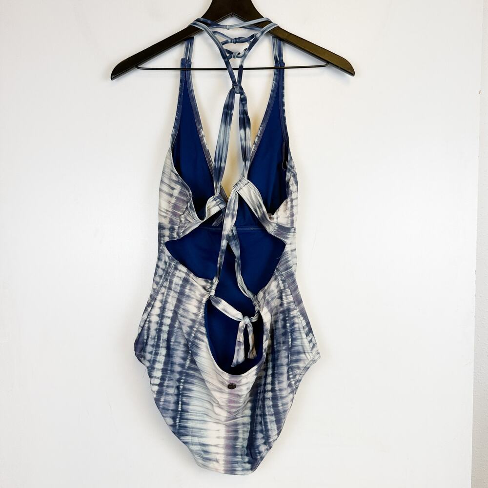 Prana Womens One Piece Swim Suit Blue White Tie Dye Strappy Back - L - Picture 5 of 9